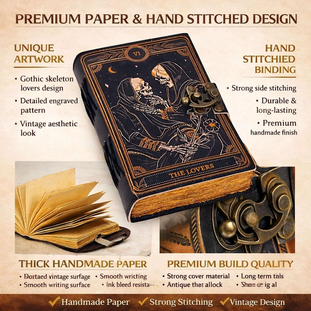 Alt view image 3 of 7 - Book of Spells Leather Journal Deckle Edge Paper Grimoire Printed Journal The Lovers Tarot Notebook Spiral Gothic Notebook Skull lover Antique Vintage Leather Journals for Women and Men