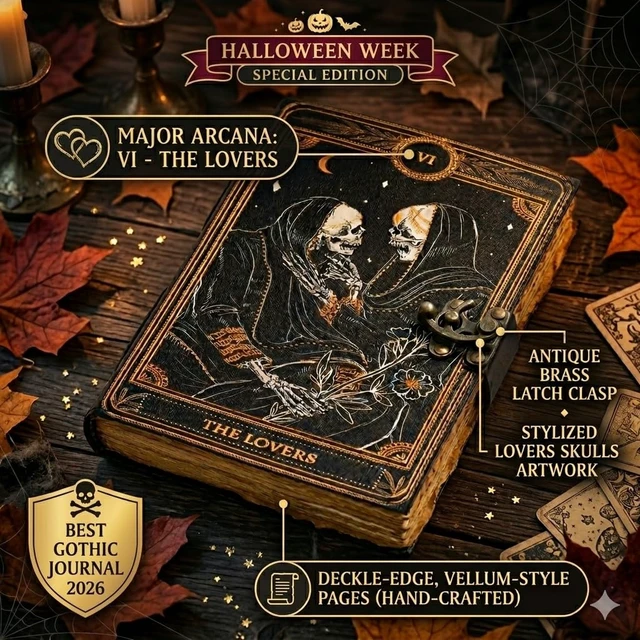 Alt view image 4 of 7 - Book of Spells Leather Journal Deckle Edge Paper Grimoire Printed Journal The Lovers Tarot Notebook Spiral Gothic Notebook Skull lover Antique Vintage Leather Journals for Women and Men