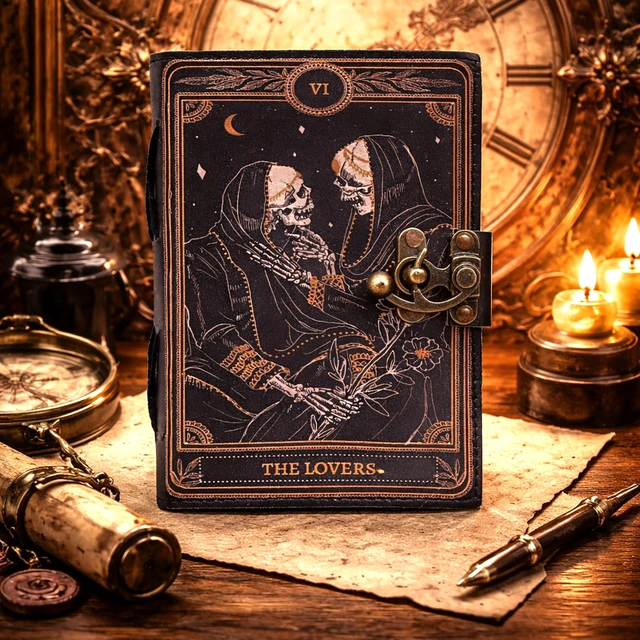 Alt view image 2 of 7 - Book of Spells Leather Journal Deckle Edge Paper Grimoire Printed Journal The Lovers Tarot Notebook Spiral Gothic Notebook Skull lover Antique Vintage Leather Journals for Women and Men