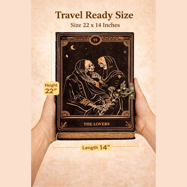 Alt view image 5 of 7 - Book of Spells Leather Journal Deckle Edge Paper Grimoire Printed Journal The Lovers Tarot Notebook Spiral Gothic Notebook Skull lover Antique Vintage Leather Journals for Women and Men