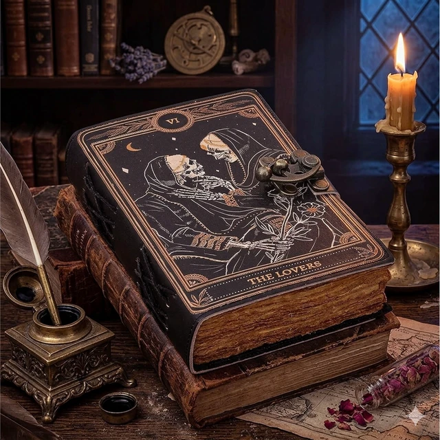Alt view image 7 of 7 - Book of Spells Leather Journal Deckle Edge Paper Grimoire Printed Journal The Lovers Tarot Notebook Spiral Gothic Notebook Skull lover Antique Vintage Leather Journals for Women and Men