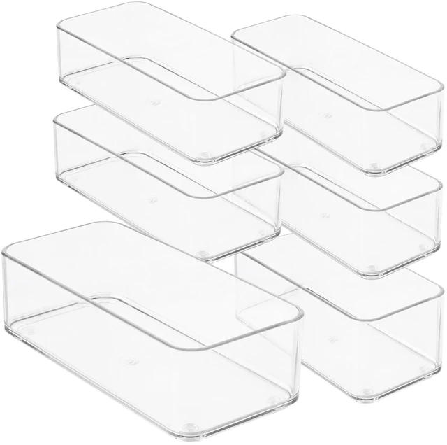Main image of Plastic Clear Drawer Organizers. Bathroom, Kitchen, Bedroom, Jewelry, Office Organizer Bins, Storage Trays. Heavy Duty, Stackable. 9" x 3" x 2" Set of 6