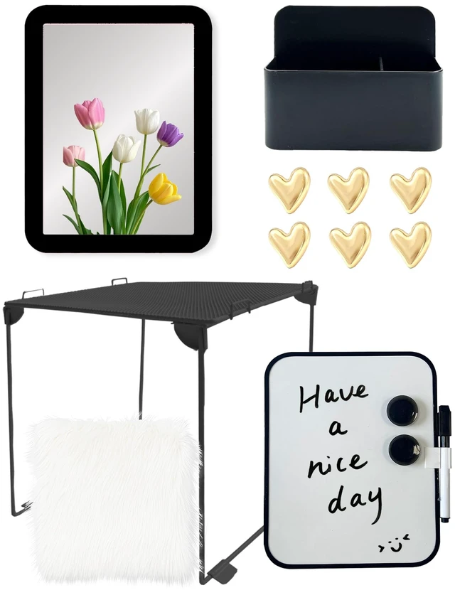 Main image of 14 Pcs Locker Accessories Kit with Shelf Locker Organizer Decorations for Girls, Magnetic Whiteboard Mirror Rug Pen Holder Heart Magnets, Back to School Supplies Essentials (Black)