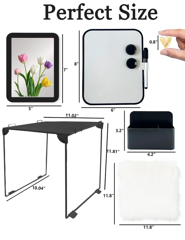 Alt view image 2 of 7 - 14 Pcs Locker Accessories Kit with Shelf Locker Organizer Decorations for Girls, Magnetic Whiteboard Mirror Rug Pen Holder Heart Magnets, Back to School Supplies Essentials (Black)