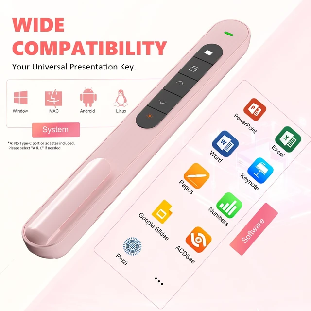 Alt view image 3 of 6 - Presentation Clicker for Powerpoint Presentations, Pink, A Long-Range Wireless Presenter Remote, Magnetic USB Receiver, PowerPoint Clicker Compatible with Windows/Android/macOS/Linux