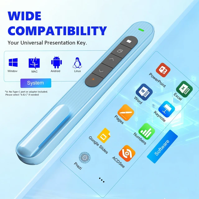 Alt view image 3 of 6 - Presentation Clicker for Powerpoint Presentations, Blue, A Long-Range Wireless Presenter Remote, Magnetic USB Receiver, PowerPoint Clicker Compatible with Windows/Android/macOS/Linux