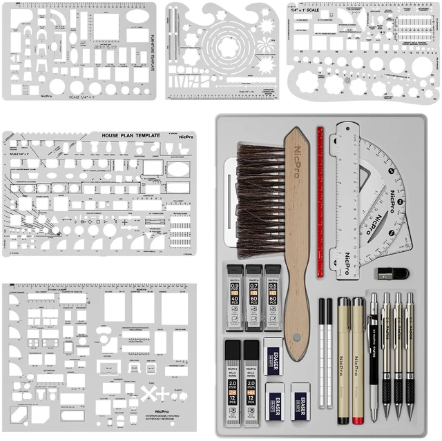 Main image of 30PCS Professional Drafting Tools & Geometry Set with Case Architect Protractor Set, Metal Mechanical Pencil Pen, Scale Metal Ruler, 5 Drawing Templates for Interior Design House Plan