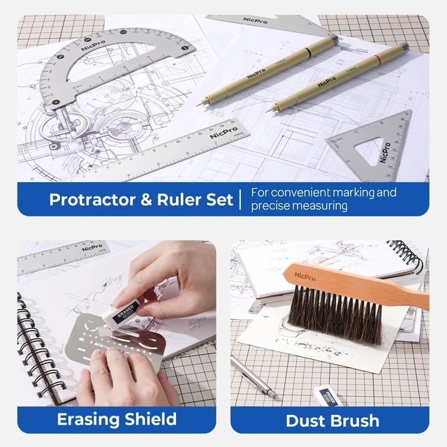 Alt view image 4 of 7 - 30PCS Professional Drafting Tools & Geometry Set with Case Architect Protractor Set, Metal Mechanical Pencil Pen, Scale Metal Ruler, 5 Drawing Templates for Interior Design House Plan