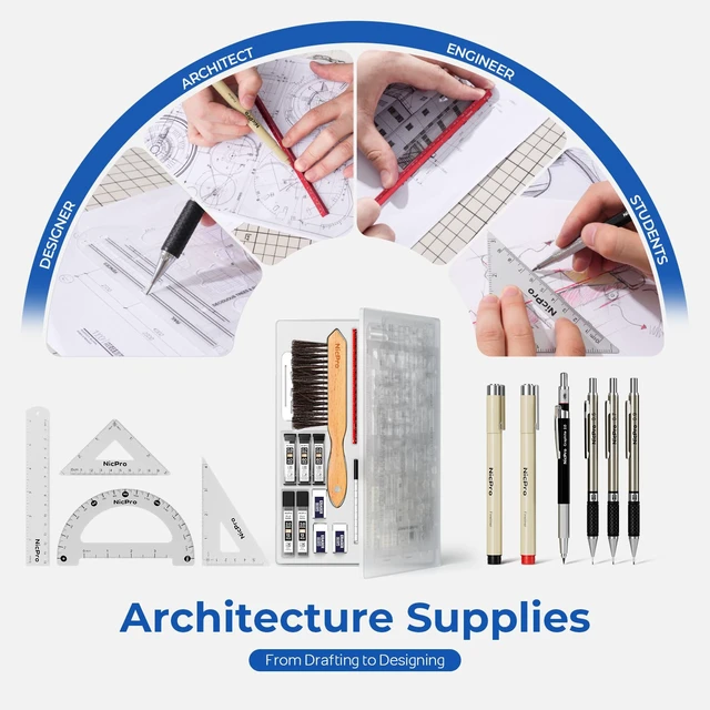 Alt view image 7 of 7 - 30PCS Professional Drafting Tools & Geometry Set with Case Architect Protractor Set, Metal Mechanical Pencil Pen, Scale Metal Ruler, 5 Drawing Templates for Interior Design House Plan
