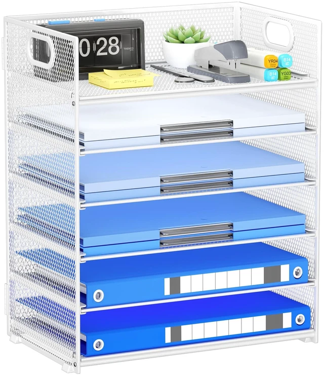 Main image of Paper Organizer for Desk with Handle, 6-Tier Metal Mesh File Organizer, Stackable Letter Tray for Office Documents & Stationery Storage