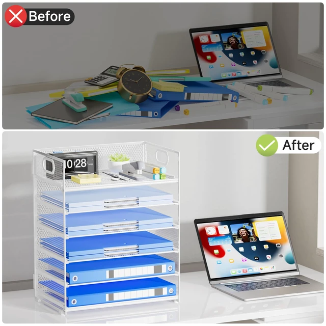 Alt view image 6 of 7 - Paper Organizer for Desk with Handle, 6-Tier Metal Mesh File Organizer, Stackable Letter Tray for Office Documents & Stationery Storage