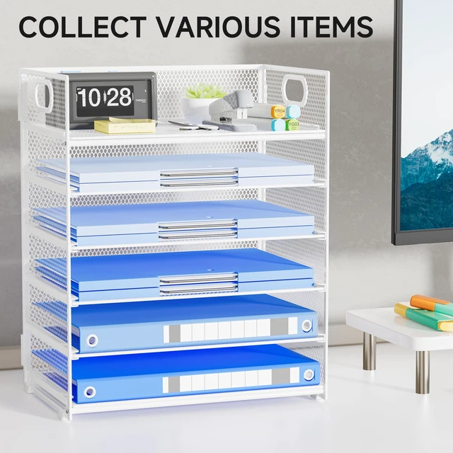 Alt view image 7 of 7 - Paper Organizer for Desk with Handle, 6-Tier Metal Mesh File Organizer, Stackable Letter Tray for Office Documents & Stationery Storage