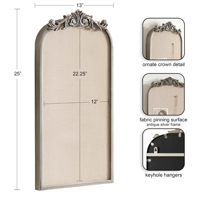 Alt view image 2 of 7 - Arendahl Arch Pinboard; 13 x 25; Silver; Framed Arched Ornate Vintage Cork Board for Use as Motivational Vision Board or Wall Organizer
