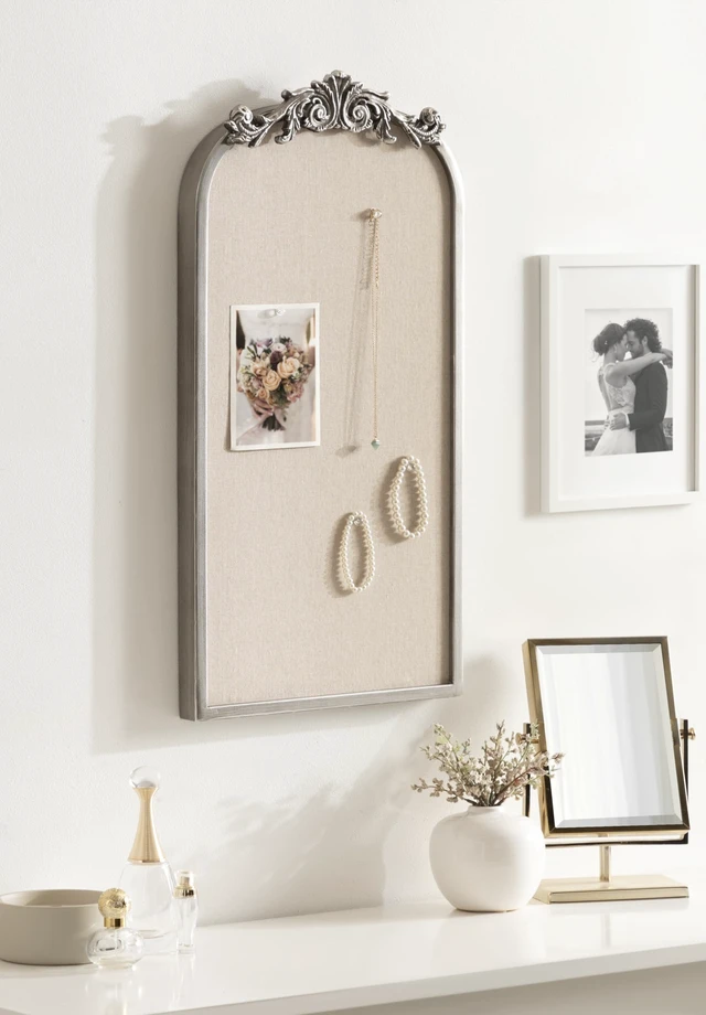 Alt view image 4 of 7 - Arendahl Arch Pinboard; 13 x 25; Silver; Framed Arched Ornate Vintage Cork Board for Use as Motivational Vision Board or Wall Organizer