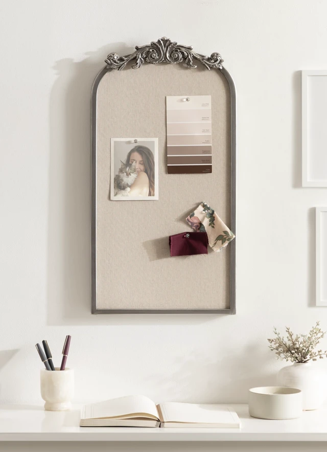 Alt view image 3 of 7 - Arendahl Arch Pinboard; 13 x 25; Silver; Framed Arched Ornate Vintage Cork Board for Use as Motivational Vision Board or Wall Organizer