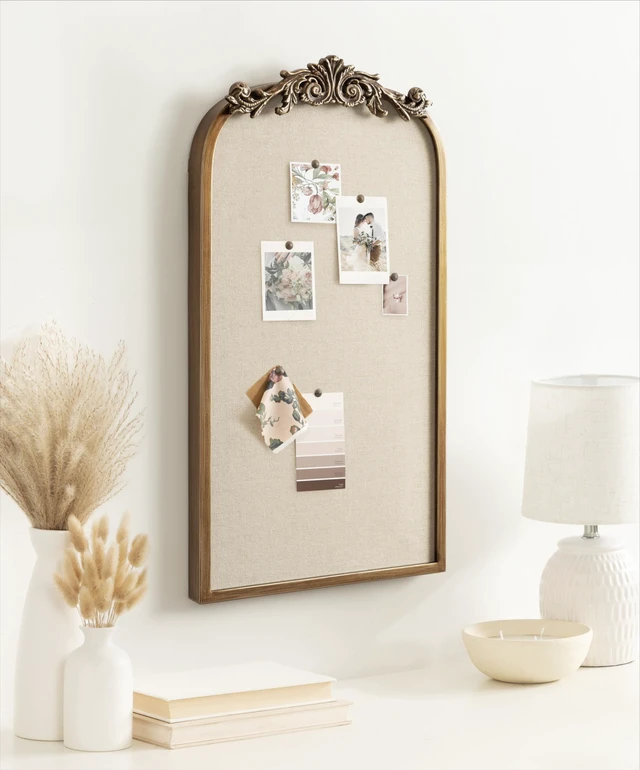 Alt view image 3 of 7 - Arendahl Arch Pinboard; Gold; 13 x 25; Framed Arched Ornate Vintage Cork Board for Unique Display; Organization; and Decor Options