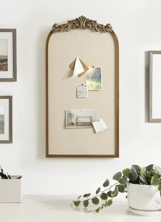 Alt view image 4 of 7 - Arendahl Arch Pinboard; Gold; 13 x 25; Framed Arched Ornate Vintage Cork Board for Unique Display; Organization; and Decor Options