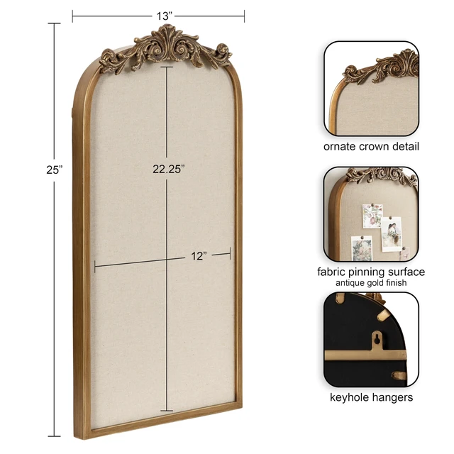 Alt view image 2 of 7 - Arendahl Arch Pinboard; Gold; 13 x 25; Framed Arched Ornate Vintage Cork Board for Unique Display; Organization; and Decor Options