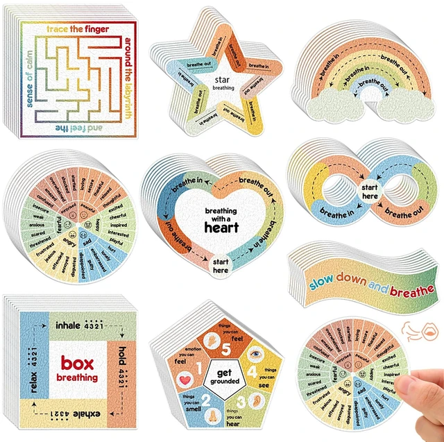 Main image of 72 Pcs Anxiety Sensory Breathing Stickers,Retro Color Adults Fidget Mindfulness 9 Styles Calm down Items mental health stickers Anxiety Relief Breathing Exercises