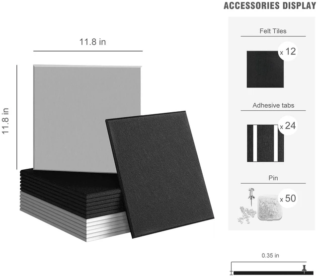 Alt view image 2 of 6 - 48"x36" Felt Corkboard Bulletin Board, 12 Pack Wall,Black White Includes 50 Pushpins & Clips, Removable Adhesive Tabs, Alternative Wall Tiles for Home, Office Decor, Install Without Damage