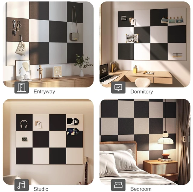 Alt view image 5 of 6 - 48"x36" Felt Corkboard Bulletin Board, 12 Pack Wall,Black White Includes 50 Pushpins & Clips, Removable Adhesive Tabs, Alternative Wall Tiles for Home, Office Decor, Install Without Damage