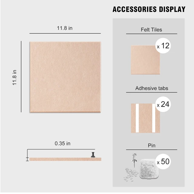 Alt view image 6 of 7 - 48"x36" Felt Corkboard Bulletin Board, 12 Pack for Wall,Cinnamon Includes 50 Pushpins & Clips, Removable Adhesive Tabs, Alternative Wall Tiles for Home, Office Decor, Install Without Damage