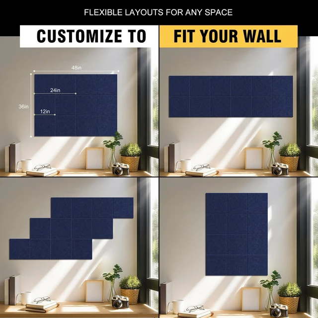 Alt view image 2 of 7 - 48"x36" Felt Corkboard Bulletin Board, 12 Pack for Wall,Navy Blue Includes 50 Pushpins & Clips, Removable Adhesive Tabs, Alternative Wall Tiles for Home, Office Decor, Install Without Damage