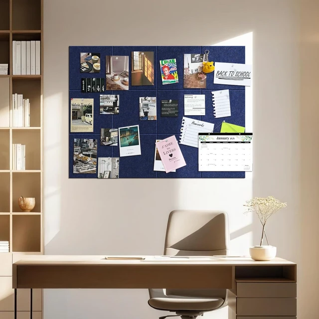 Alt view image 3 of 7 - 48"x36" Felt Corkboard Bulletin Board, 12 Pack for Wall,Navy Blue Includes 50 Pushpins & Clips, Removable Adhesive Tabs, Alternative Wall Tiles for Home, Office Decor, Install Without Damage