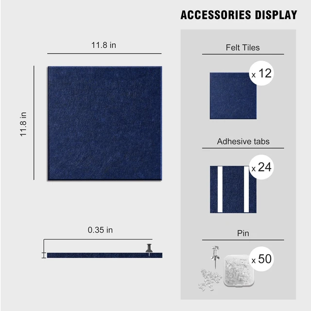 Alt view image 6 of 7 - 48"x36" Felt Corkboard Bulletin Board, 12 Pack for Wall,Navy Blue Includes 50 Pushpins & Clips, Removable Adhesive Tabs, Alternative Wall Tiles for Home, Office Decor, Install Without Damage