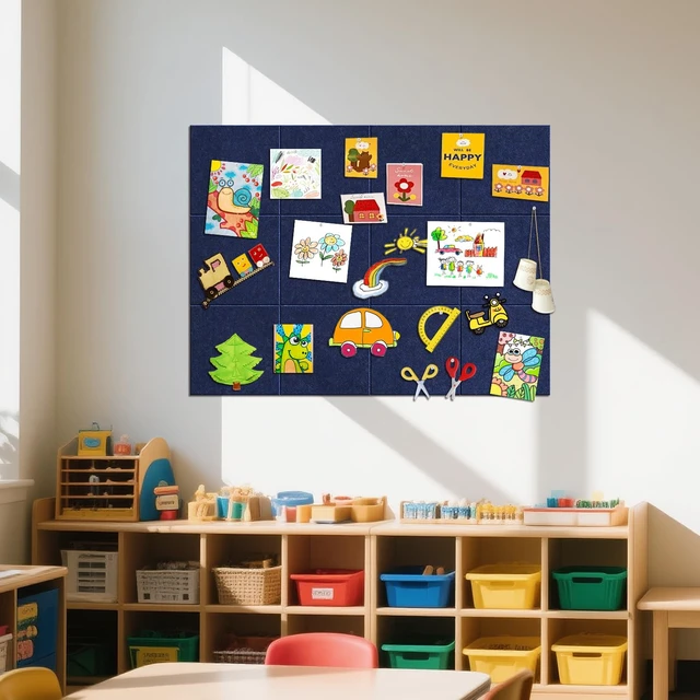 Alt view image 7 of 7 - 48"x36" Felt Corkboard Bulletin Board, 12 Pack for Wall,Navy Blue Includes 50 Pushpins & Clips, Removable Adhesive Tabs, Alternative Wall Tiles for Home, Office Decor, Install Without Damage