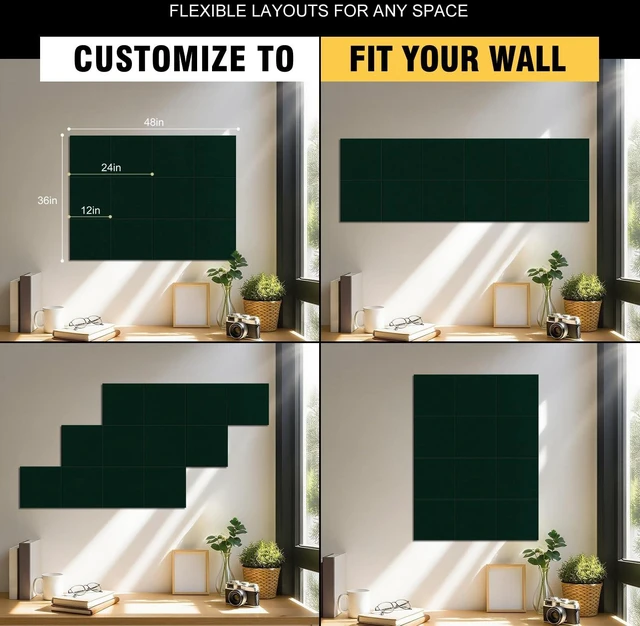 Alt view image 2 of 7 - 48"x36" Felt Corkboard Bulletin Board, 12 Pack,Wall,Dark Green Includes 50 Pushpins & Clips, Removable Adhesive Tabs, Alternative Wall Tiles for Home, Office Decor, Install Without Damage