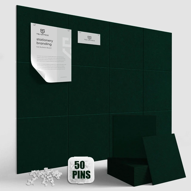 Main image of 48"x36" Felt Corkboard Bulletin Board, 12 Pack,Wall,Dark Green Includes 50 Pushpins & Clips, Removable Adhesive Tabs, Alternative Wall Tiles for Home, Office Decor, Install Without Damage
