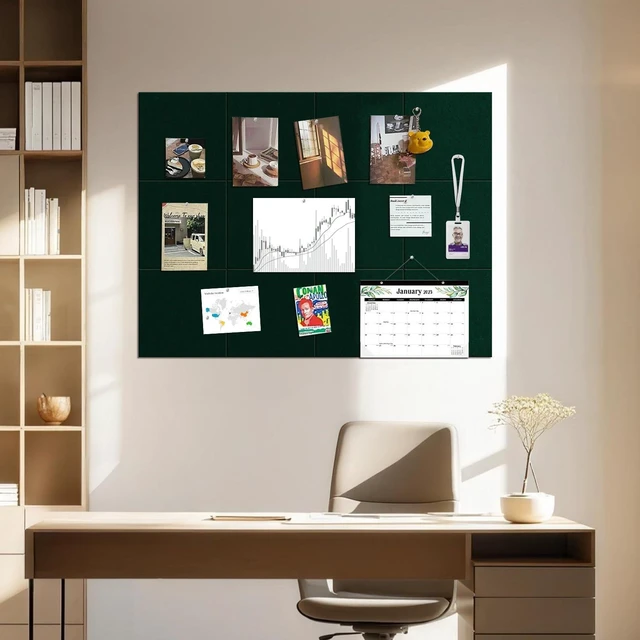 Alt view image 3 of 7 - 48"x36" Felt Corkboard Bulletin Board, 12 Pack,Wall,Dark Green Includes 50 Pushpins & Clips, Removable Adhesive Tabs, Alternative Wall Tiles for Home, Office Decor, Install Without Damage