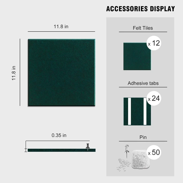 Alt view image 6 of 7 - 48"x36" Felt Corkboard Bulletin Board, 12 Pack,Wall,Dark Green Includes 50 Pushpins & Clips, Removable Adhesive Tabs, Alternative Wall Tiles for Home, Office Decor, Install Without Damage