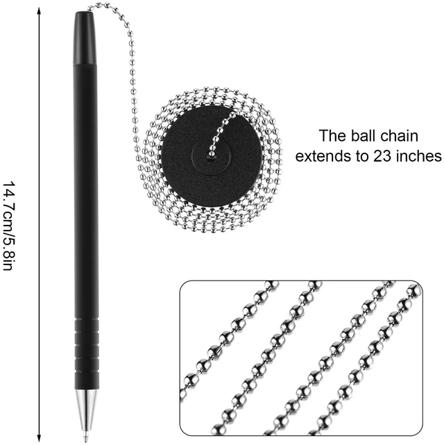 Alt view image 2 of 6 - 20 Pieces Secure Pen with Chain and Adhesive Pen Holder, Black Ink Tethered Ballpoint for Reception Desk Bank Hotel Counter, Metal Ball Chain Design, Adhesive Base No Drilling Install