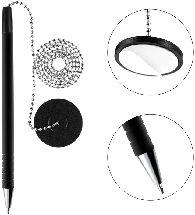 Alt view image 3 of 6 - 20 Pieces Secure Pen with Chain and Adhesive Pen Holder, Black Ink Tethered Ballpoint for Reception Desk Bank Hotel Counter, Metal Ball Chain Design, Adhesive Base No Drilling Install