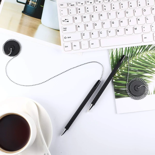 Alt view image 6 of 6 - 20 Pieces Secure Pen with Chain and Adhesive Pen Holder, Black Ink Tethered Ballpoint for Reception Desk Bank Hotel Counter, Metal Ball Chain Design, Adhesive Base No Drilling Install