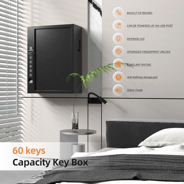 Alt view image 4 of 7 - 60 Biometric Key Lock Box with Code,Key Box Wall Mount with Drop Slot Key Cabinet with Combination Key Lock, Key Tag, LED Light, Backlit Keypad, Key Safe for Hotel Office Company Car Dealerships