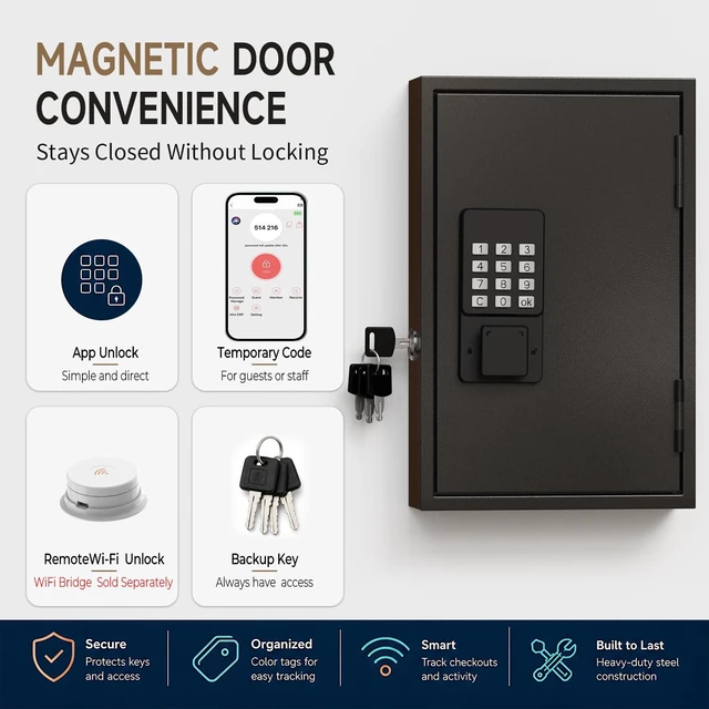 Alt view image 3 of 6 - 28 Key Lock Box Wall Mount, Smart Key Cabinet with Keypad for Office Key Lockbox use Bluetooth App, Custom & One Time Password, WiFi Unlock (Need W100 Bridge), Key Holder for School, Home