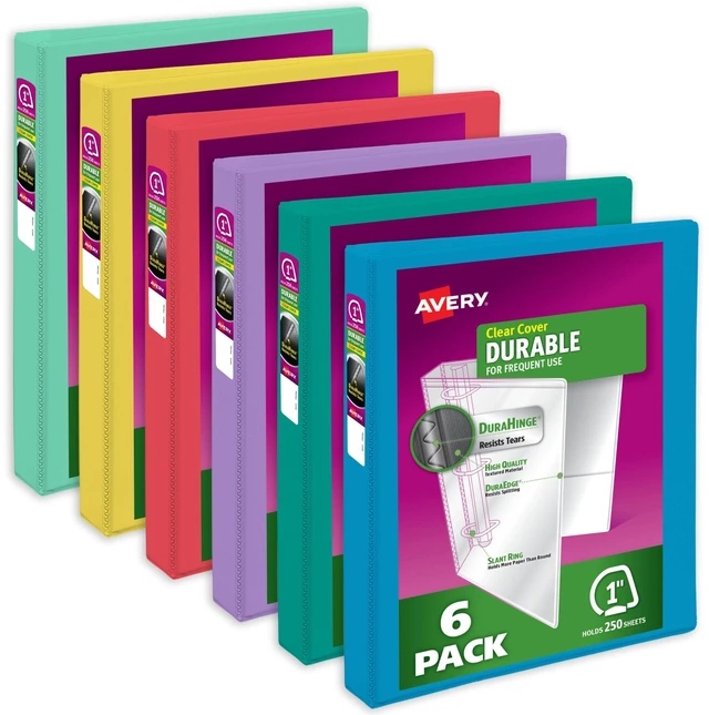 Main image of ® Durable View 3 Ring Binders, 1" Ring, 6 Assorted Bright Binders For Daily School, Home and Office Use, DuraHinge Tear-Resistant Spine, DuraEdge Split-Resistant Sides, Clear Overlays