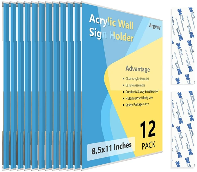 Main image of Acrylic Sign Holder 8.5 x 11 Wall Mount Vertical, No Drilling, 12 Pack Clear Plastic Display Frames with Tape, Portrait Display for Flyers, Posters & Menus, for Home, Offices, Restaurants,