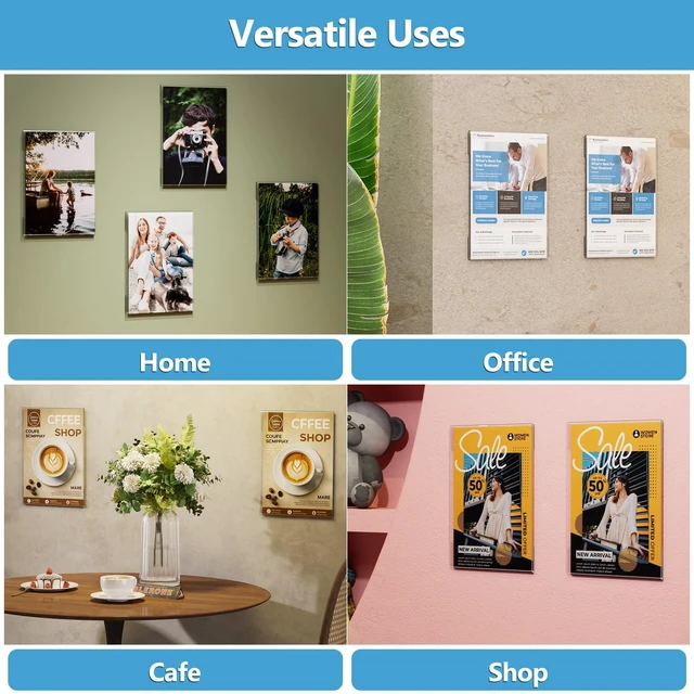 Alt view image 5 of 7 - Acrylic Sign Holder 8.5 x 11 Wall Mount Vertical, No Drilling, 12 Pack Clear Plastic Display Frames with Tape, Portrait Display for Flyers, Posters & Menus, for Home, Offices, Restaurants,