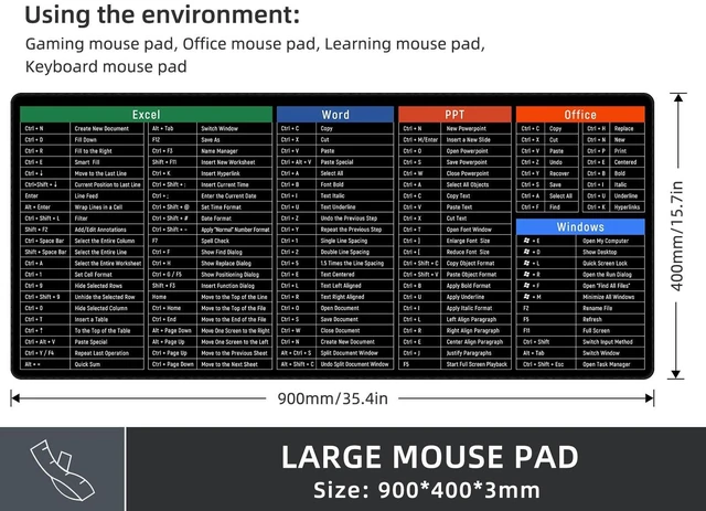 Alt view image 6 of 7 - Large Mouse Pad Desk Mat with Excel Shortcuts Cheat Sheet, Anti-Slip Keyboard Pad with Multifunctional, Gaming Mousepad, Office Desk Accessories for Computer, MacBook, PC and Laptop