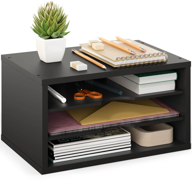 Main image of File Organizer, 3-Tier Document Paper Sorter, Stackable Wood Desk Organizer, Mail Sorter and Monitor Stand with Storage Shelves, Black