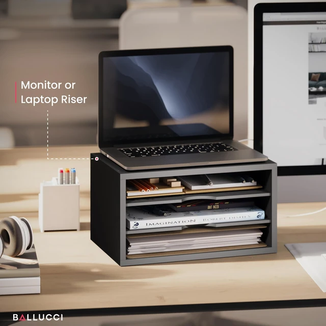 Alt view image 4 of 7 - File Organizer, 3-Tier Document Paper Sorter, Stackable Wood Desk Organizer, Mail Sorter and Monitor Stand with Storage Shelves, Black