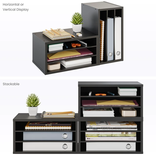 Alt view image 5 of 7 - File Organizer, 3-Tier Document Paper Sorter, Stackable Wood Desk Organizer, Mail Sorter and Monitor Stand with Storage Shelves, Black
