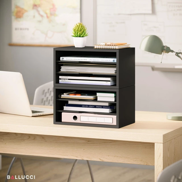 Alt view image 6 of 7 - File Organizer, 3-Tier Document Paper Sorter, Stackable Wood Desk Organizer, Mail Sorter and Monitor Stand with Storage Shelves, Black