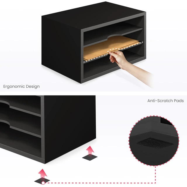 Alt view image 7 of 7 - File Organizer, 3-Tier Document Paper Sorter, Stackable Wood Desk Organizer, Mail Sorter and Monitor Stand with Storage Shelves, Black
