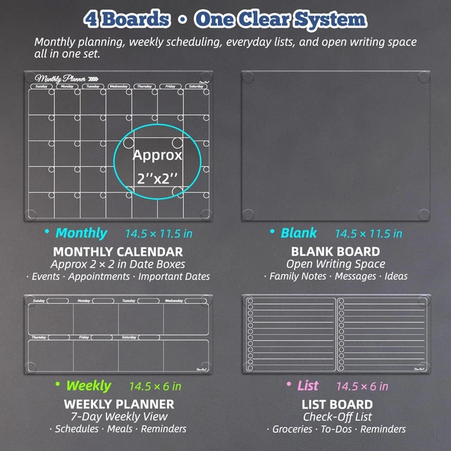 Alt view image 4 of 6 - Clear Non-Magnetic Calendar Set for Fridge - Dry Erase Transparent Monthly and Weekly Calendar, List and Blank Whiteboard - Sticks to Wall, Glass, Door, Any Smooth Surfaces