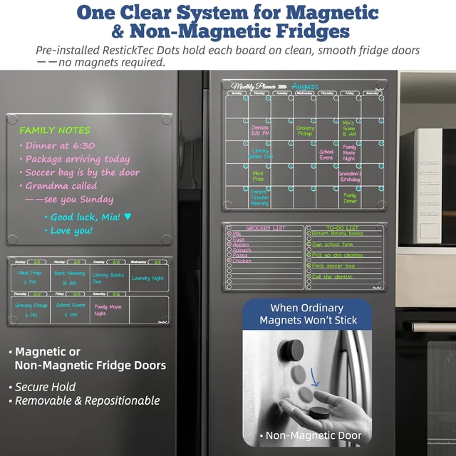 Alt view image 2 of 6 - Clear Non-Magnetic Calendar Set for Fridge - Dry Erase Transparent Monthly and Weekly Calendar, List and Blank Whiteboard - Sticks to Wall, Glass, Door, Any Smooth Surfaces